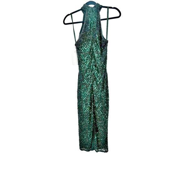 Mac Duggal Lattice Sequined Halter Midi Dress Bottle Green Size 2 NWT - Picture 11 of 11